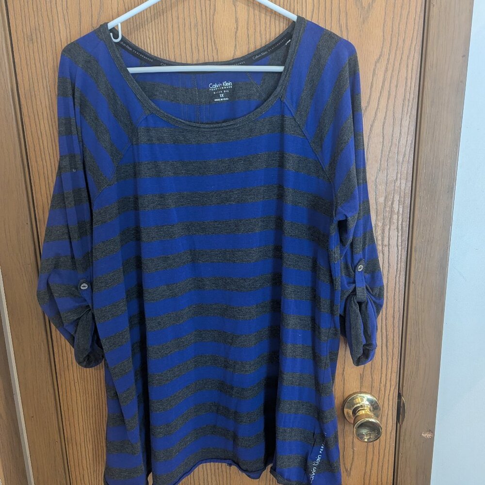 Calvin Klein Performance Quick Dry Striped Blue Gray 3/4 Sleeve Top-Women's 1X